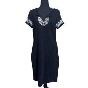 Talbots Shift Dress Black Size Medium Embroidered Casual Stretch Boho Beachy